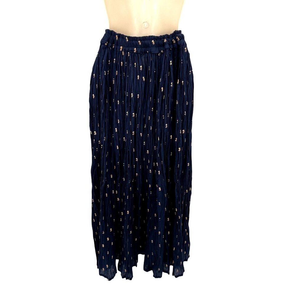 NWT Sudha Boho Navy With Gold Floral Print Maxi Skirt OS - Picture 2 of 10